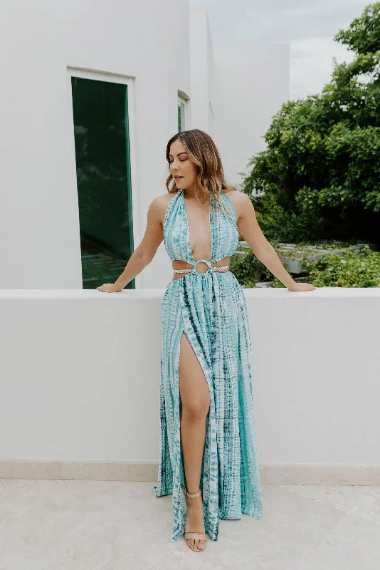 Stuck In Santorini Blue Cut Out Maxi Dress Comfortable Plunging Neckline Maxi Dress