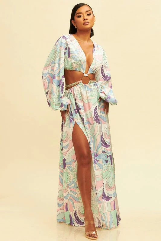 Summer In Capri Printed Cut Out Maxi Dress Cozy Cold-Shoulder Maxi Dress