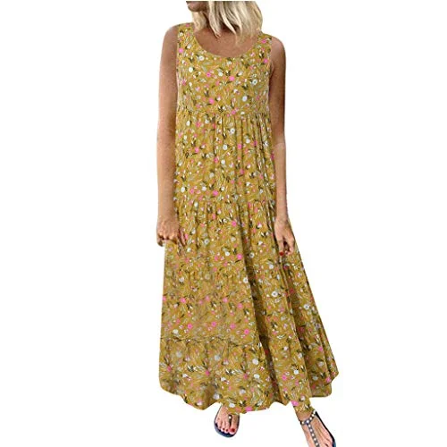Summer Vacation Dress for Women Plus Size Casual Loose Sleeveless Retro Linen Print Long Maxi Dress | Original Brand Trendy Maxi Dress with Lace