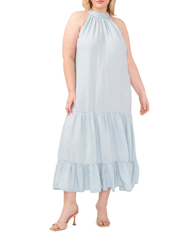 Plus-Size Tiered Halter Maxi Dress Fashionable Halter Neck Maxi Dress