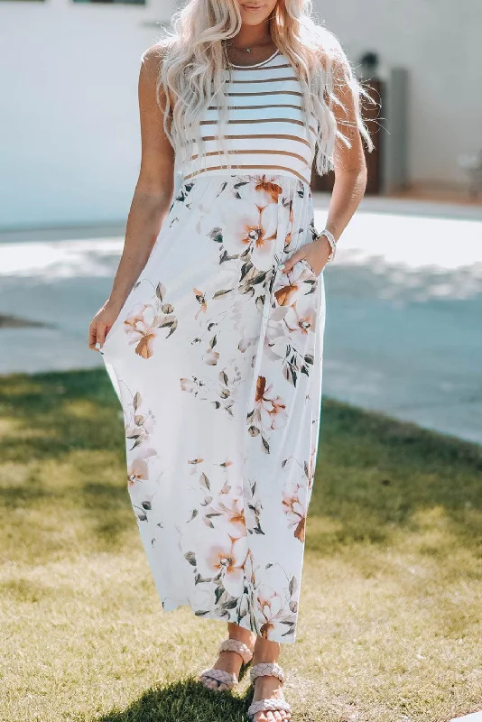 White Striped Floral Print Sleeveless Maxi Dress with Pocket Trendy Printed Maxi Dress