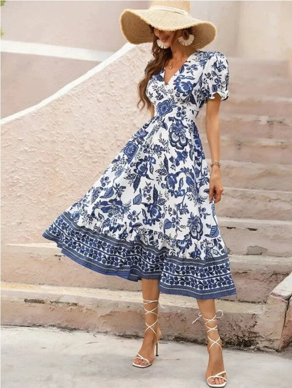 Women Short Sleeve V Neck Floral Maxi Dress Comfortable Ruffle Hem Maxi Dress