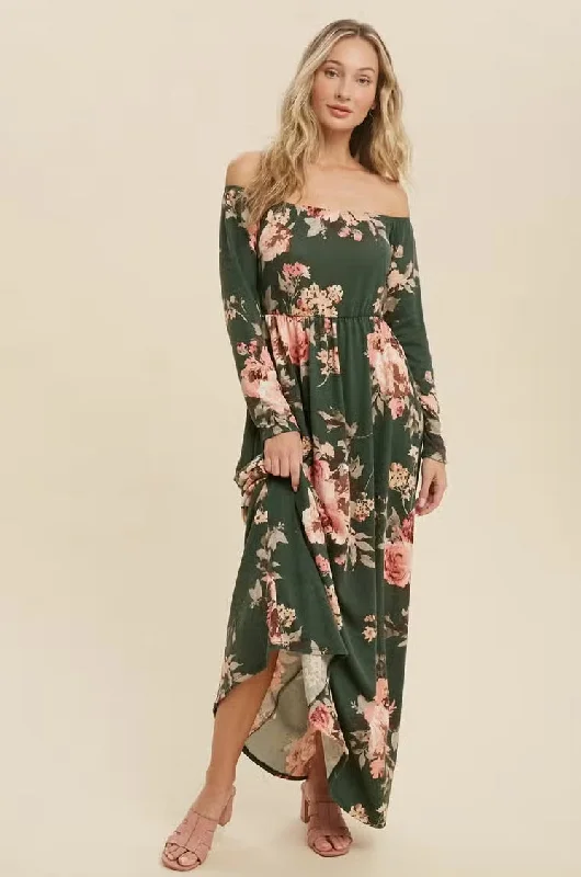 Women's/Junior Hacci Brushed Off Shoulder Maxi Dress - Hunter Floral Chic Sleeveless Maxi Dress Women's/Junior Hacci Brushed Off Shoulder Maxi Dress - Hunter Floral Chic Sleeveless Maxi Dress