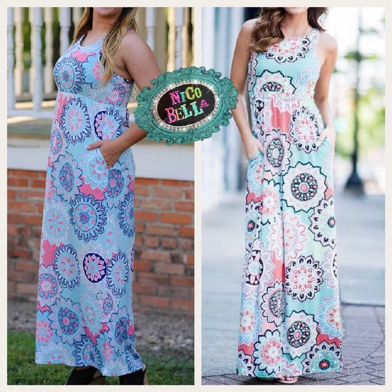 Aqua Kaleidoscope Maxi Dress Elegant Maxi Dress with Lace