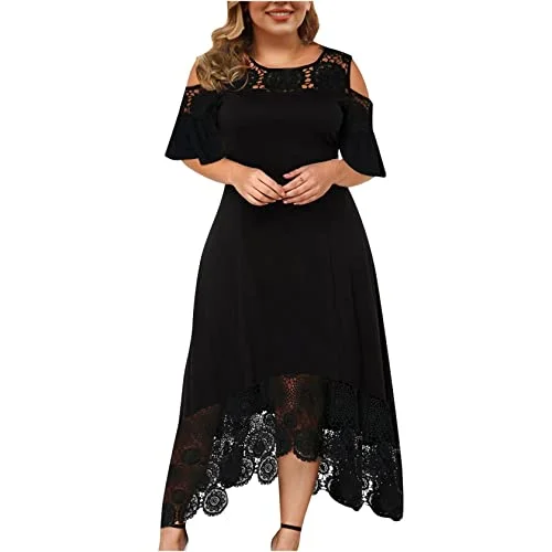 Womens Plus Size Lace Splicing Dress Ruffle Cold Shoulder Long Evening Party Maxi Dress | Original Brand Trendy Maxi Dress with Straps