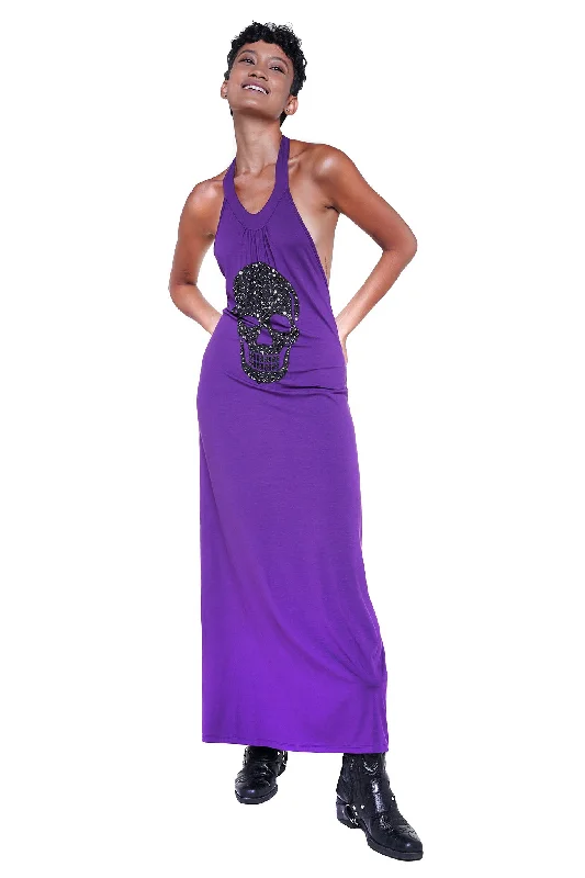 YASMIN HALTER BACKLESS MAXI DRESS - PURPLE Fashionable Faux Wrap Maxi Dress