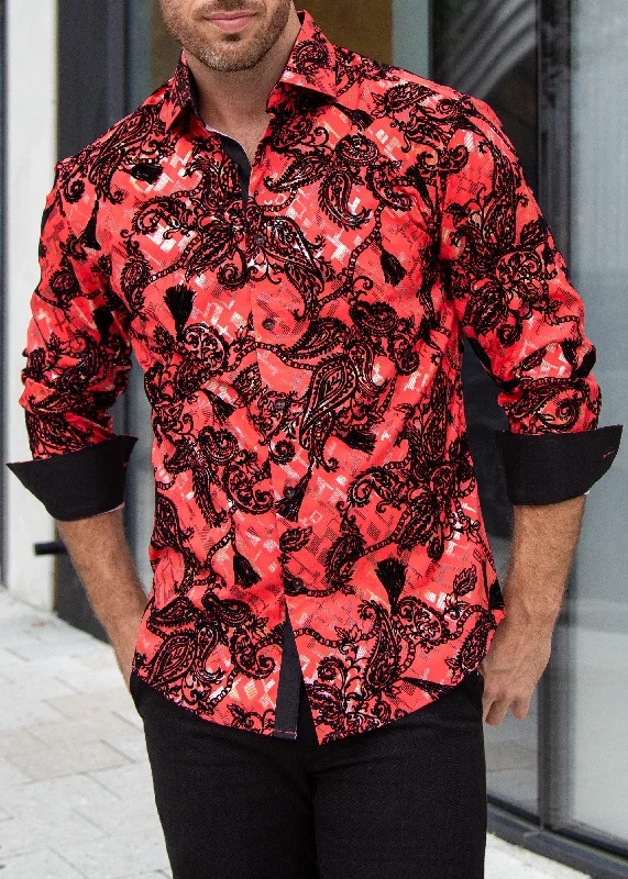 Velvet Paisley Metallic Retro Pattern Long Sleeve Dress Shirt Red Print Jacquard Patchwork Velvet Paisley Metallic Retro Pattern Long Sleeve Dress Shirt Red Print Jacquard Patchwork