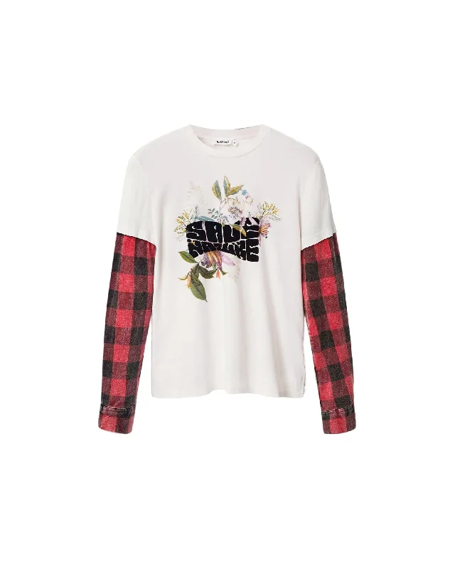 Graphic Print Tee V-Neck T-Shirt Long Sleeve Cotton