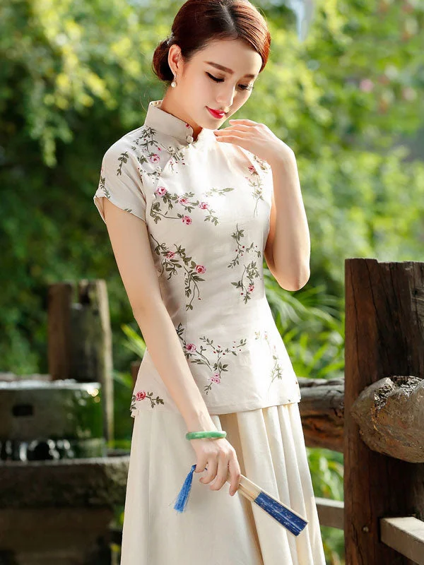 Beige Floral Linen Qipao / Cheongsam T-Shirt Top Cozy Warm Stylish