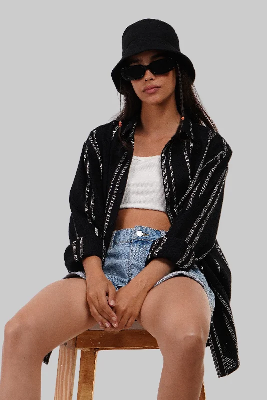 Black Striped Textured Overshirt Real Fur Shearling Chenille
