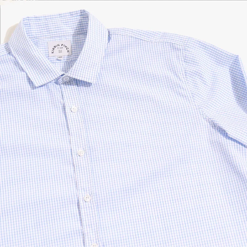 Addams Light Blue-White Grid Check Easy-Care Dress Shirt Rayon Velvet Corduroy