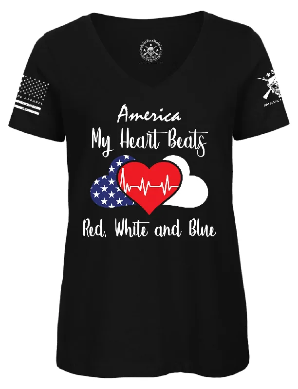 My Heart Beats Red White and Blue V Neck T-Shirt Boxy Fit Fitted Loose