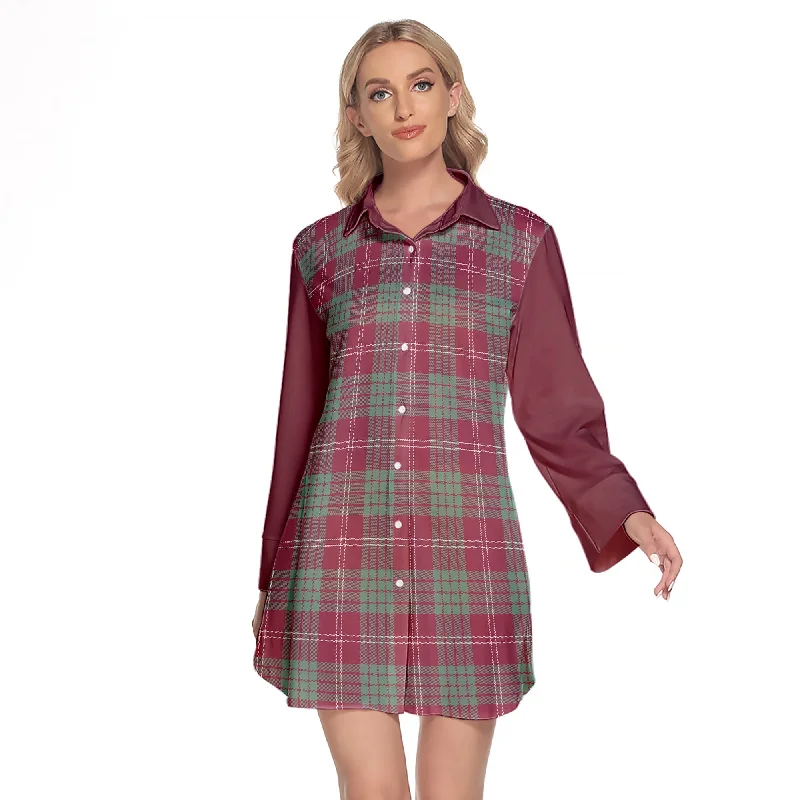 Crawford Ancient Tartan Women's Lapel Shirt Dress With Long Sleeve Silk Blend Satin Velvet Crawford Ancient Tartan Women's Lapel Shirt Dress With Long Sleeve Silk Blend Satin Velvet