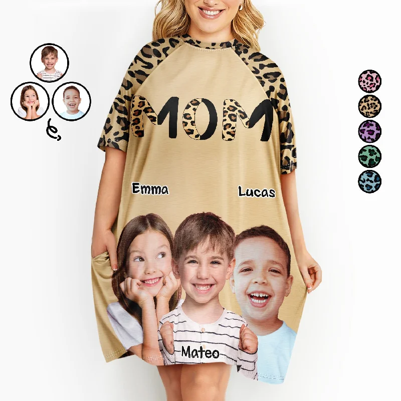Custom Photo Leopard Nana Mommy - Birthday, Loving Gift For Mom, Mother, Mama, Grandma, Grandmother - Personalized Women's Sleep Tee Front Pockets Side Pockets Patch Pockets