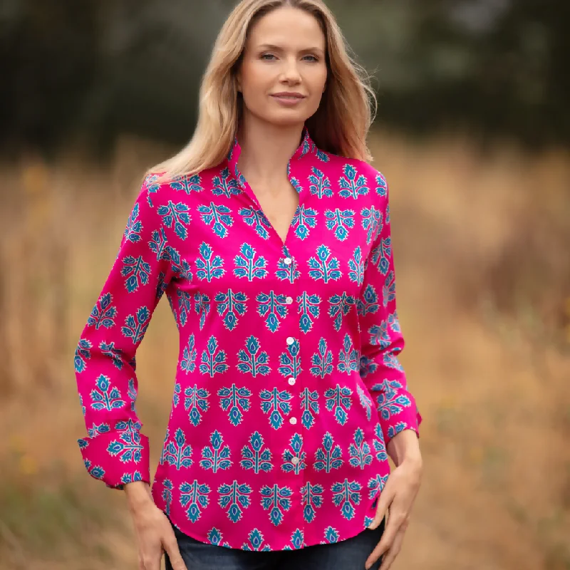 Ella Shirt In Pink & Blue Thistle Thin T-Shirt Open Front Quick Dry