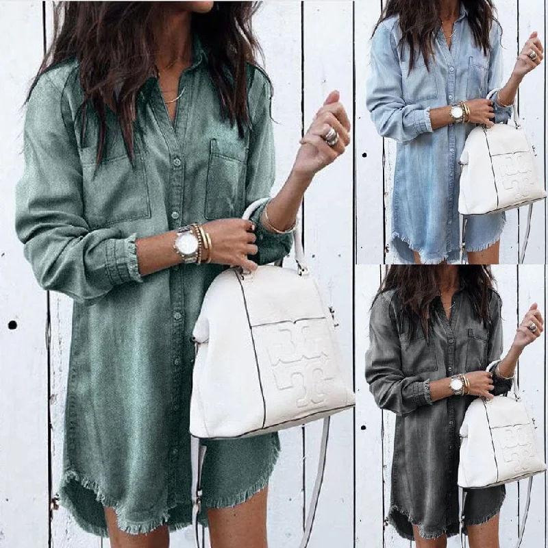 Womens Denim Shirtdress/Tunic With Tassel Trim, Long Sleeves 3 Colors Hooded Caped Shawl Collar