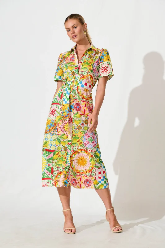 Figaro Midi Shirt Dress in Multi Patchwork Cotton Rayon Velvet Corduroy