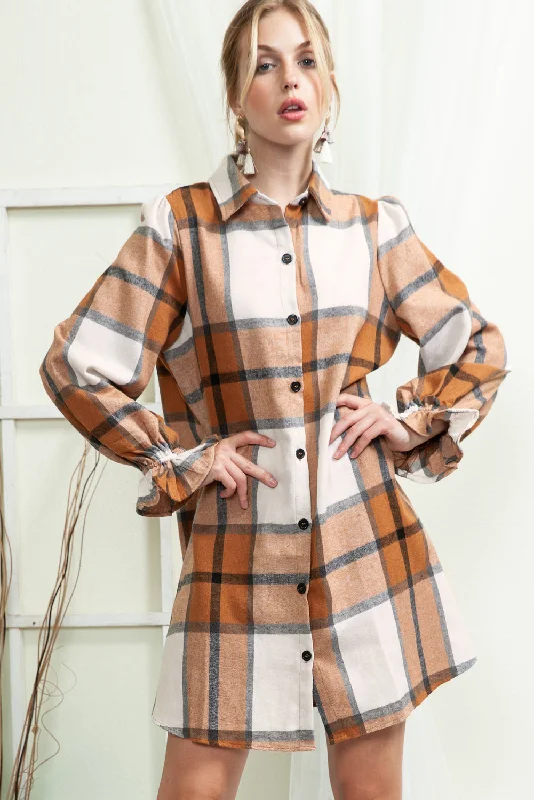 Blue Zone Planet | Khaki Plaid Pattern Collared Neck Ruffled Sleeve Shirt Dress Iron Safe Non-Iron Wrinkle Free Blue Zone Planet | Khaki Plaid Pattern Collared Neck Ruffled Sleeve Shirt Dress Iron Safe Non-Iron Wrinkle Free
