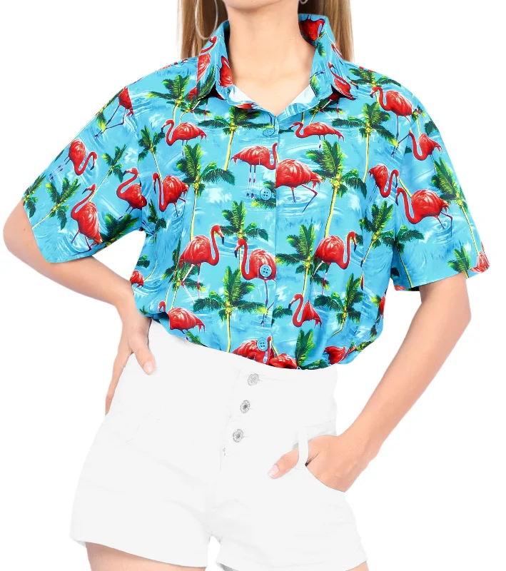 Blue Allover Palm Tree and Flamingo Printed Pardise Shirt For Women Elasticated Padded Insulated Blue Allover Palm Tree and Flamingo Printed Pardise Shirt For Women Elasticated Padded Insulated