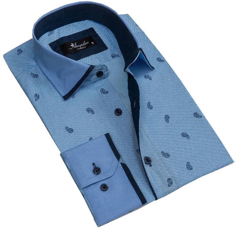 Light Blue Paisley Mens Slim Fit Designer Dress Shirt - tailored Cotton Shirts for Work and Casual Seamless Knitted Crochet Light Blue Paisley Mens Slim Fit Designer Dress Shirt - tailored Cotton Shirts for Work and Casual Seamless Knitted Crochet