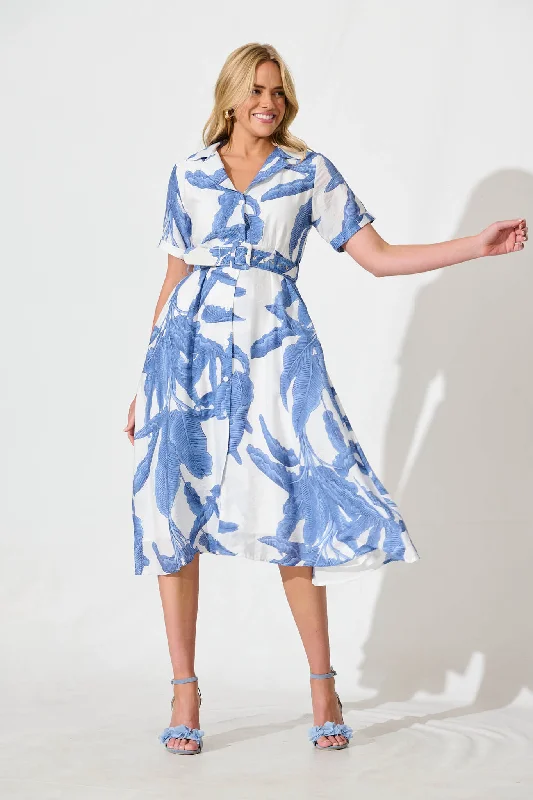 My Sweet Midi Shirt Dress In White With Blue Leaf Print Satin Blend Silk Blend Wool Blend My Sweet Midi Shirt Dress In White With Blue Leaf Print Satin Blend Silk Blend Wool Blend