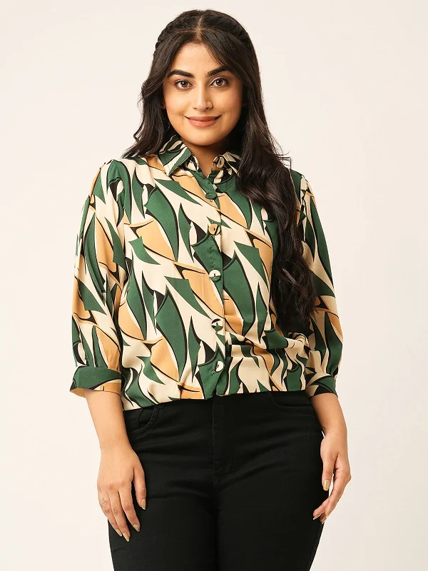 Odette Green Synthetic Printed Stitched Shirt For Women Notch Collar Peter Pan Collar Cowl Neck