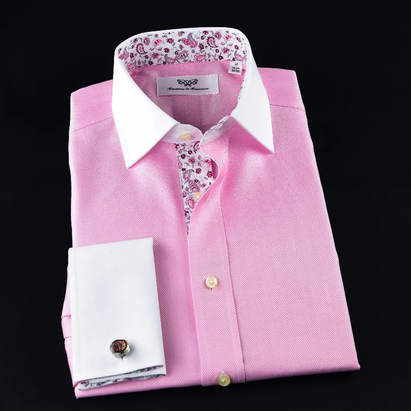 Pink Herringbone WInchester Dress Shirt Formal Contrast Collar and French Cuff Business Fashion Design Elegant Classic Vintage Pink Herringbone WInchester Dress Shirt Formal Contrast Collar and French Cuff Business Fashion Design Elegant Classic Vintage
