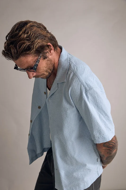 RHYTHM - Relaxed Stripe SS Shirt in Blue Chenille Brocade Lace