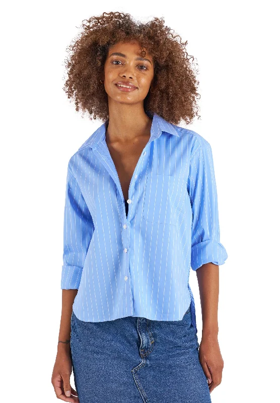 Rita Sky Blue Stripes Boxy Fit Cotton Shirt Embroidered Appliqued Beaded