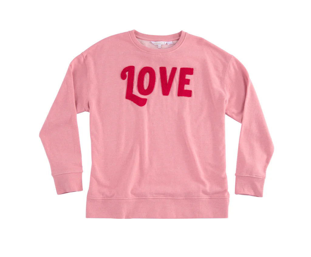 SHIRALEAH "LOVE" SWEATSHIRT IN PINK Front Pockets Side Pockets Patch Pockets
