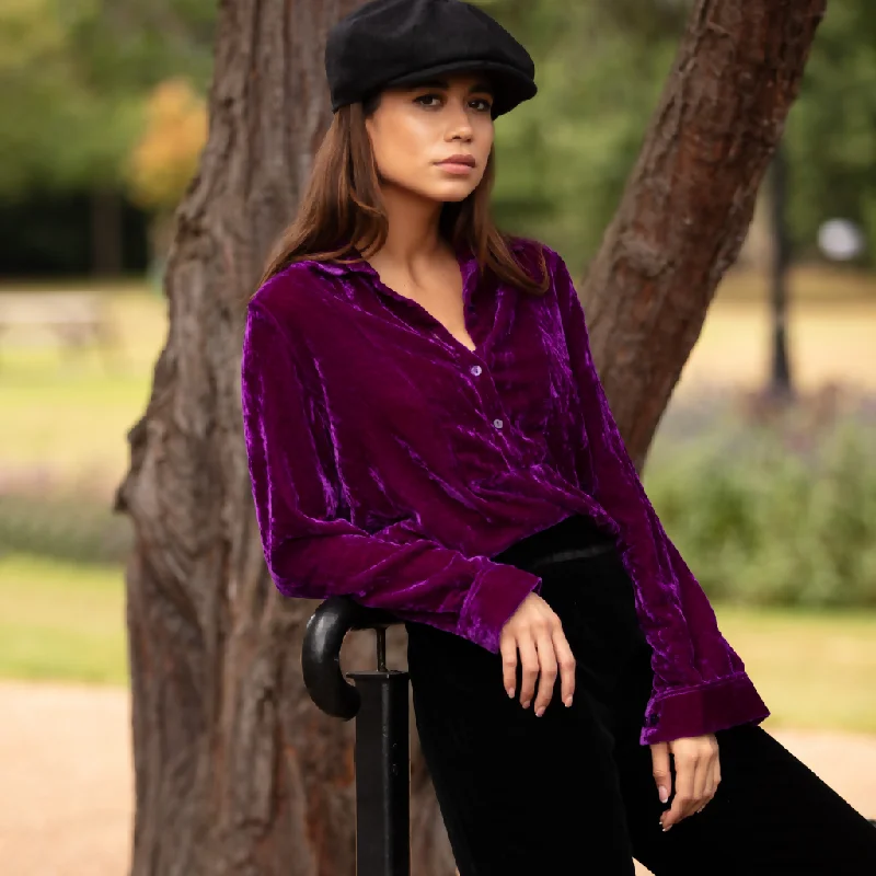 Silk Velvet Shirt In Violet Chenille Brocade Lace