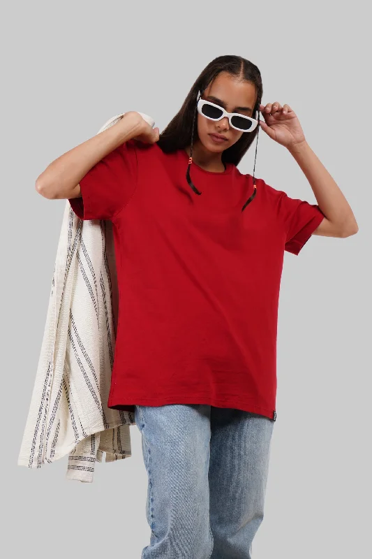 Solid Red Half Sleeves T-Shirt For Women Boyfriend Fit Solid Color Striped Floral