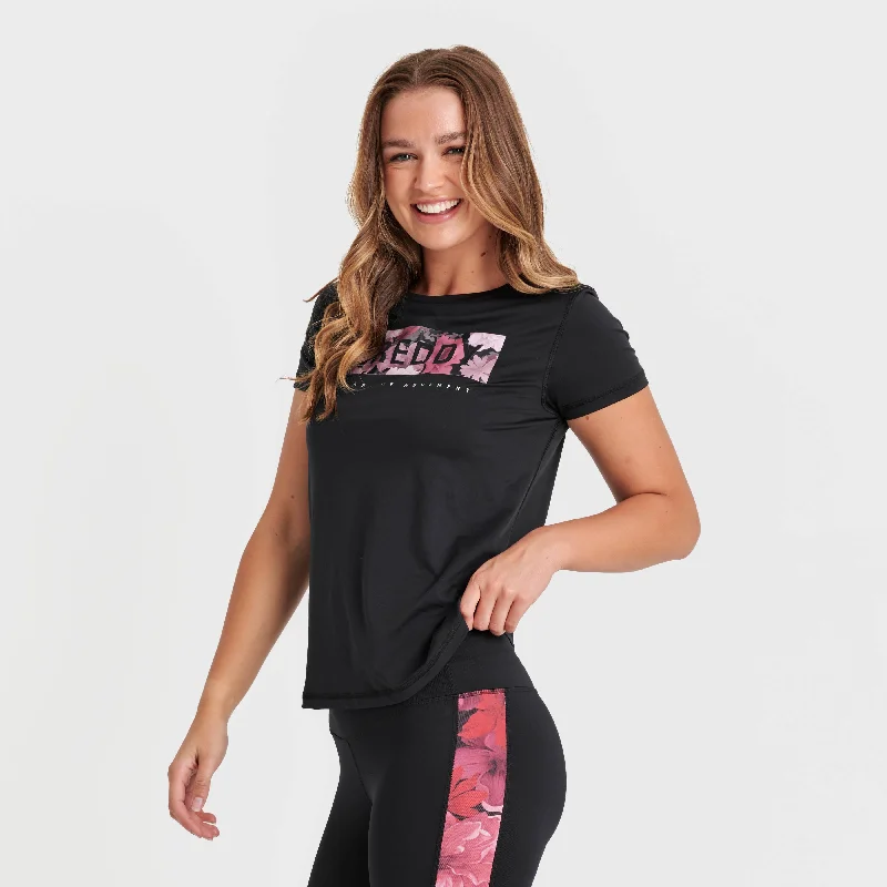 Sports T-Shirt - Black Flower Print Logo Spandex Blend Rayon Blend Denim Blend