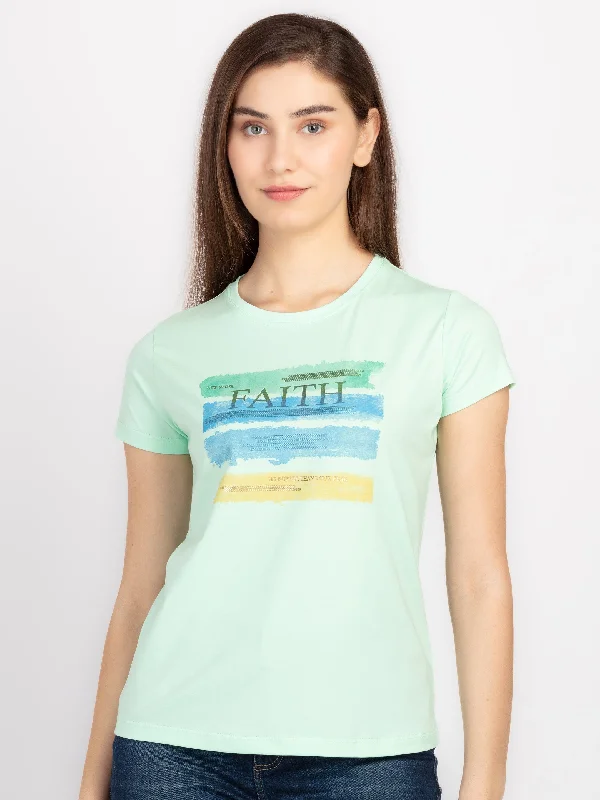 Womens Printed Round Neck T-Shirt Terry Blend Velvet Blend Canvas Blend