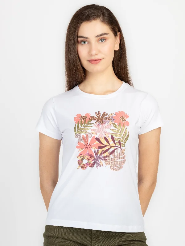 Womens Printed Round Neck T-Shirt Mesh Fabric Canvas Fabric Denim Fabric