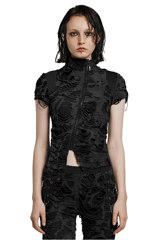 Stylish Punk Female Black Ripped Zipper T-Shirt Nylon Fabric Polyester Fabric Spandex Fabric Stylish Punk Female Black Ripped Zipper T-Shirt Nylon Fabric Polyester Fabric Spandex Fabric