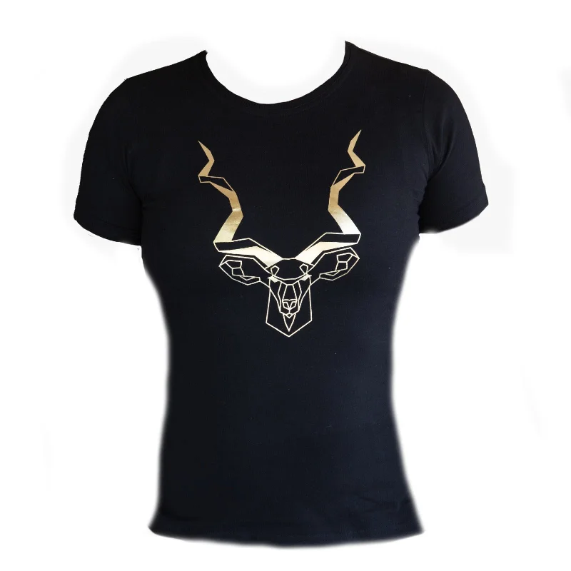 The Ladies' Kudu T Shirt - Black & Gold Basic T-Shirt Crew Neck Short Sleeve