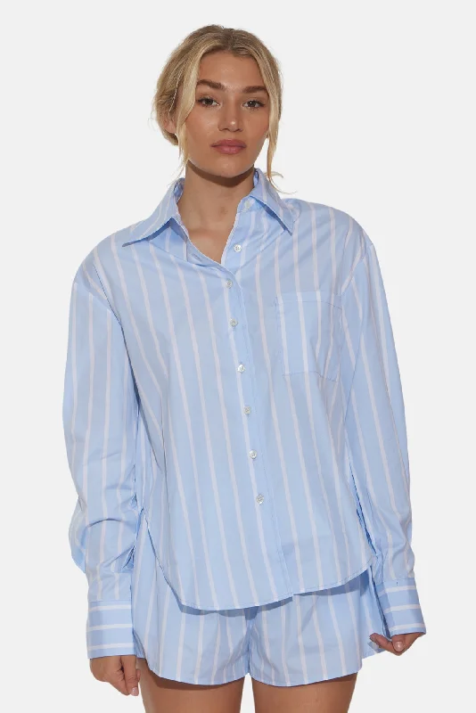 Lily Poplin Boyfriend Shirt Wide Stripe Sky/White Real Fur Shearling Chenille