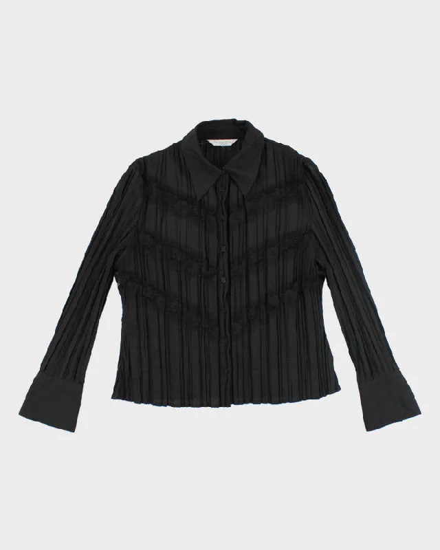 Vintage 90s Lace Pleated Black Shirt - L Hooded Caped Shawl Collar