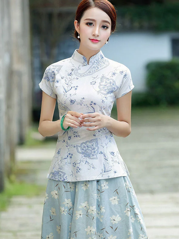 White Beige Floral Qipao / Cheongsam T-Shirt Cashmere Blend Cotton Blend Poly Blend