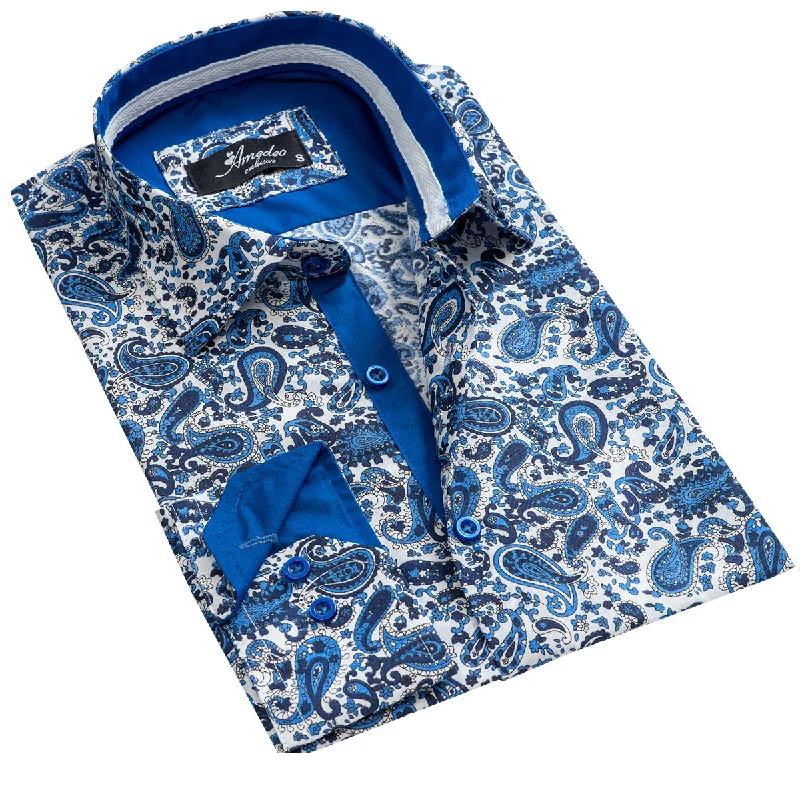 White Blue Paisley Mens Slim Fit Designer Dress Shirt - tailored Cotton Shirts for Work and Casual Plaid T-Shirt Polka Dot Checkered