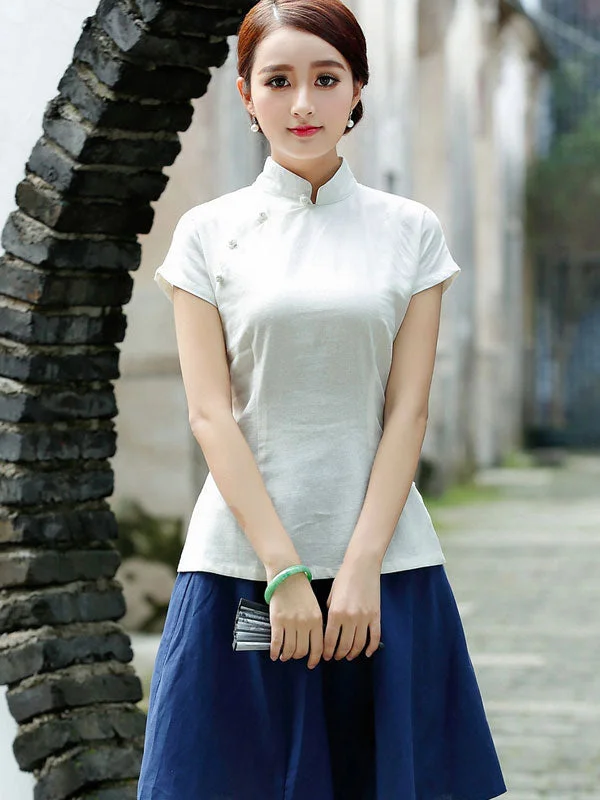 White Linen Qipao / Cheongsam T-Shirt Top Print Jacquard Patchwork