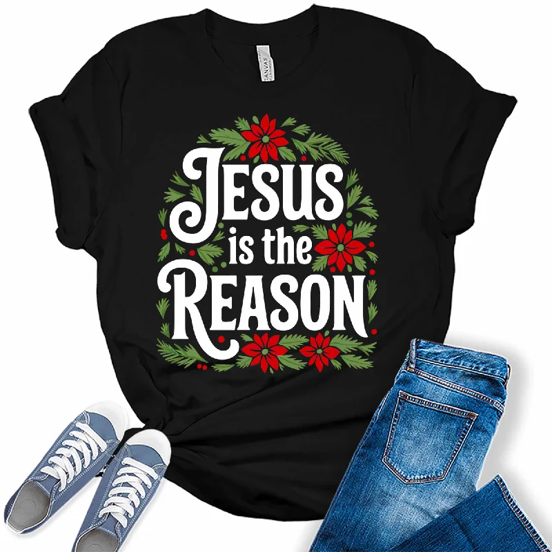 Women's Jesus Is The Reason Christmas Holiday Christian Poinsettia Graphic Tees Seamless Knitted Crochet Women's Jesus Is The Reason Christmas Holiday Christian Poinsettia Graphic Tees Seamless Knitted Crochet