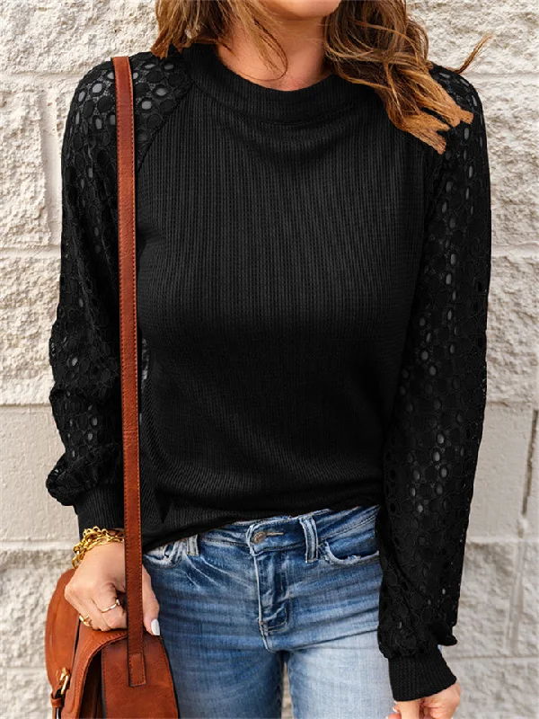 hoombox Women's Round Neck Waffle Lace Stitching Long-sleeved Top T-shirt Welt Pockets Slit Pockets hoombox Women's Round Neck Waffle Lace Stitching Long-sleeved Top T-shirt Welt Pockets Slit Pockets