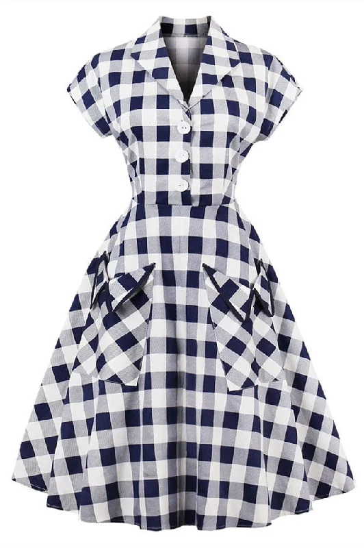 1950s Blue and White Pockets Plaid Dress