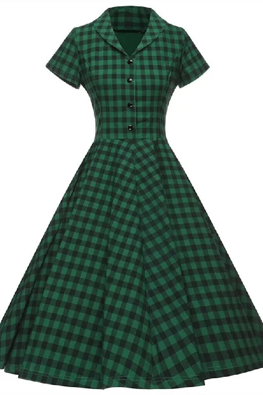1950s Vintage Plaid Green Dress