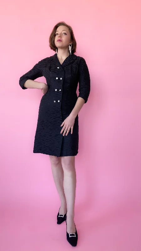1960s Black Double-Breasted Rhinestone Dress, sz. S
