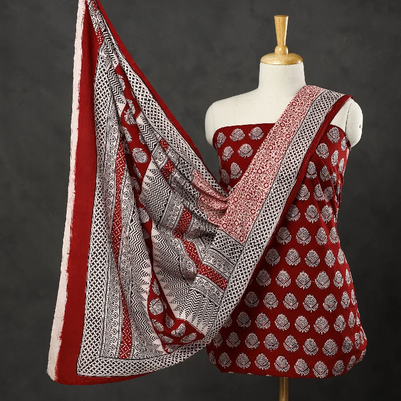 Red - 3pc Bagh Print Cotton Dress Material Set 35