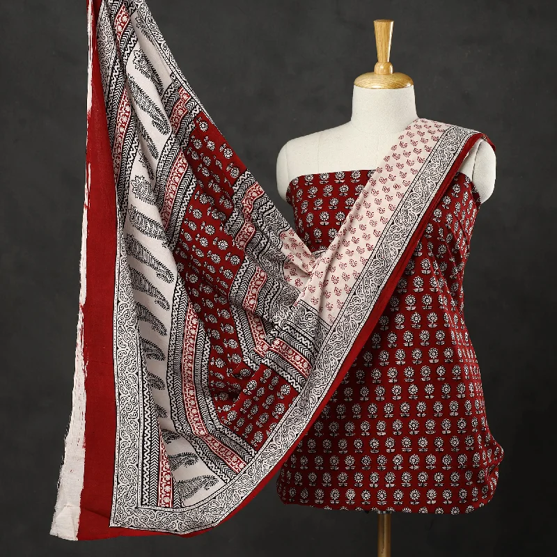 Red - 3pc Bagh Print Cotton Dress Material Set 09