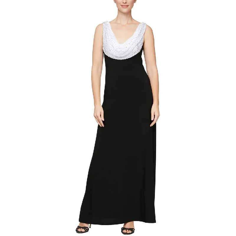 Womens Beaded Cowl Neck Evening Dress